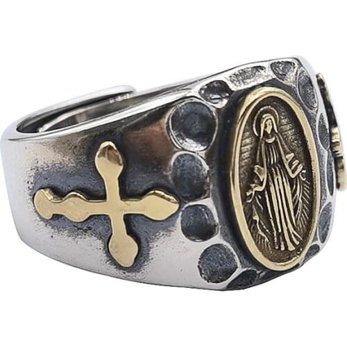 BOCAI new real S925 pure silver jewelry vintage craftsmanship golden cross Maria open ring hammered men and women rings