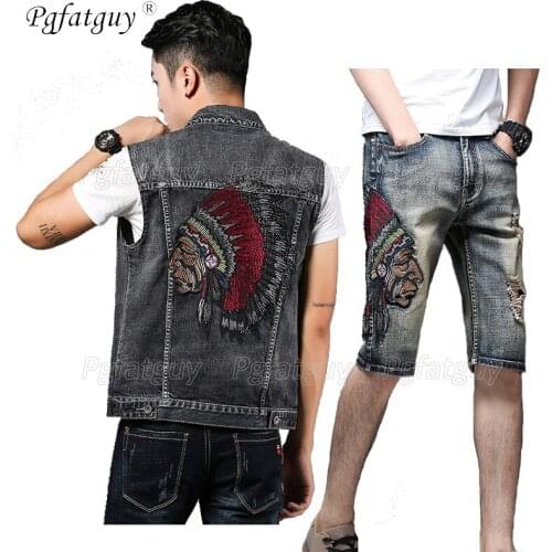 Summer Latest Fashion Mens Sets Vintage Embroidery Indian Punk Style Jeans Sets Retro Blue Denim Vest + Hole Ripped Shorts