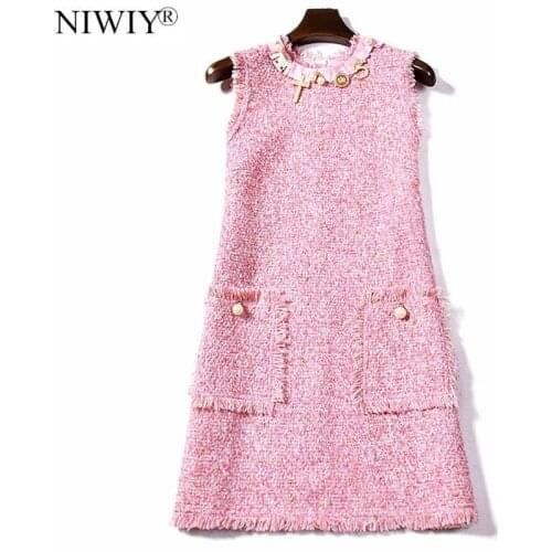 NIWIY Women Autumn Tweed Pink Bead Office Party Dress Zomerjurk Dames 2021 Midi Vintage Dress Robe Femme Vestidos De Festa N8089