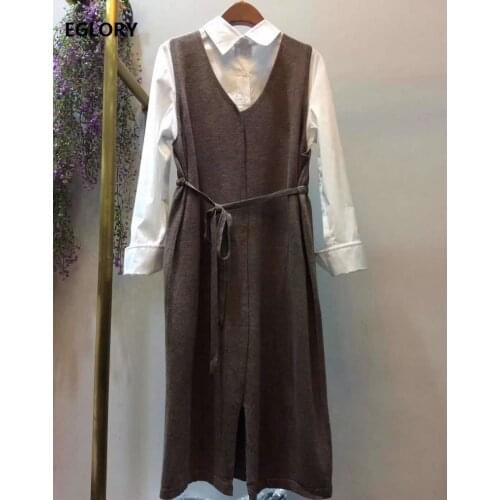 New Korean Fashion 2 Piece Sweater Sets Women Turn-down Collar Long Sleeve White Shirts+V-Neck Mid-Calf Knitted Dress Sets