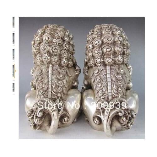 Guardian lion tools wedding 25cm H 9.8" Chinese Silver Fu Foo Dog Guardian Statue Pair Tibetan Silver white copper decoration