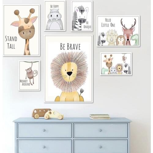 Cartoon Animal Prints Painting Canvas Zebra Hippo Monkey Lion Posters Nursery Room Decorative Pictures Kids Baby Room Home Decor