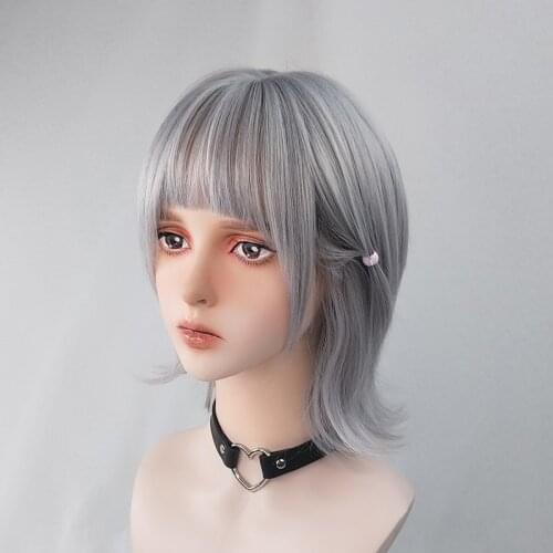 Silver Grey Mullet Hair Harajuku Cool Wig Shoulder Short Curly Hair Gray Kawaii Lolita Adult Chic Girls Women Cosplay Daily Wear