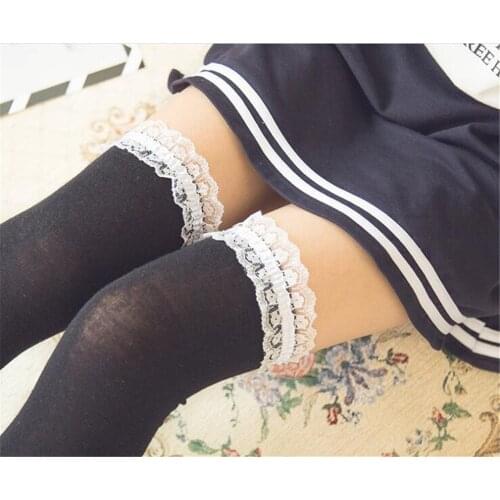 JK School Uniform Over Knee High Tight Socks with lace Lolita Stocking B414