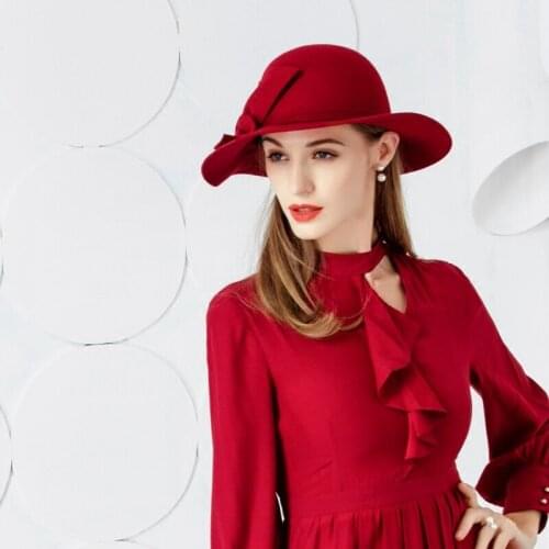 2018 New Elegant Fashion Hair Red Hat All-match Wool Hat Female Leisure Woolen Cap Female Fedoras Hat Wide Brim B-7476