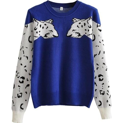 Women’s Casual Long-sleeved Sweater Autumn Personality Leopard Pattern Round Neck Pullover Knitwear