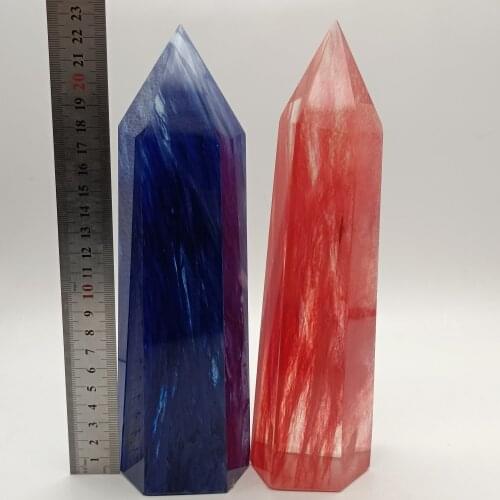 Crystal Ornaments Red And Blue Smelting Stone Column Single Pointed Six Prism Handicrafts