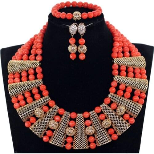 Gorgeous Real Coral Beads Wedding African Jewelry Set 10MM Original Coral Bead Bridal Chunky Necklace Set Free Shipping CNR367