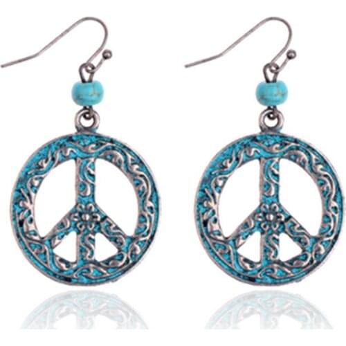 Vintage Bronze Hollow Round Stone Beads Indian Earrings For Women Handmade Boho Alloy Carved Peace Symbol Dangle Earring Jewelry
