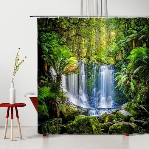 Waterfall Shower Curtain Forest Green Leaf Mountain Stone Natural Plants Spring Landscape 3D Printed Bathtub Decoration Curtains