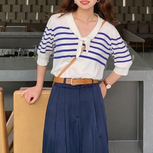 Big blow female/private fu time hin vintage French blue and white striped tie knitting wear long sleeve blouse
