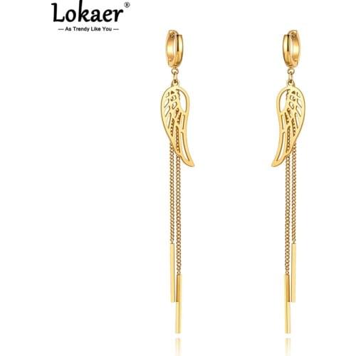 Lokaer Bohemia Long ChainTassel Hoop Earrings Trendy Stainless Steel Wings Earrings For Women Girls boucle oreille femme E21057
