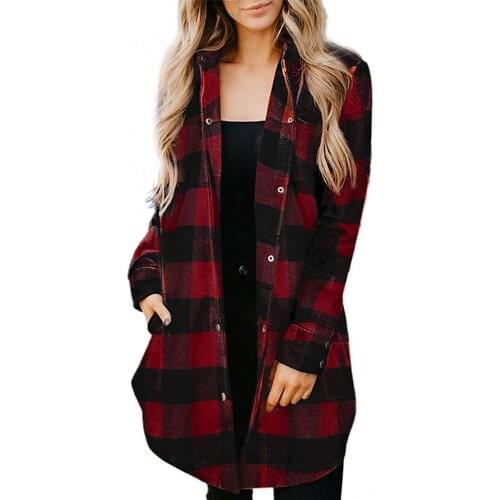 2021 Women Spring/Autumn Sweater Cardigan Open Front Plaid Buttons Shirt Cardigan Long Sleeve Mid-length Plus Size Jumper Coat