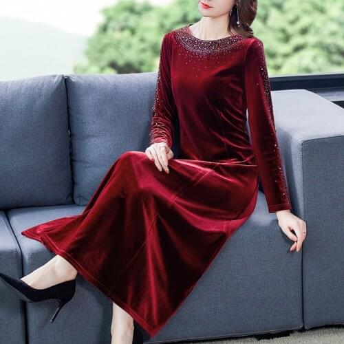 2021 Autumn Winter 5XL Plus Size Sequins Midi Dress Elegant Vintage Red Diamond Velvet Maxi Dresses Women Bodycon Party Vestidos