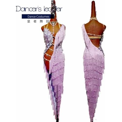 High-end custom Latin dance dress light purple long tassel flash diamond dance skirt female adult competition costume