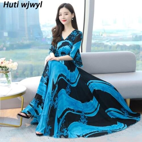2021 Summer Boho Blue Print Chiffon Beach Maxi Dress Spring Vintage 4XL Plus Size Casual Midi Sundress Elegant Bodycon Vestidos