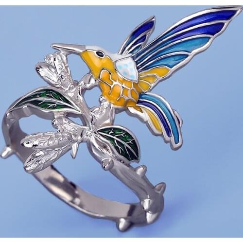 Creative Elegant Hummingbird Silver Rings for Women 925 Silver Branches Leaves Vintage Ring Party Cocktail Enamel Jewelry