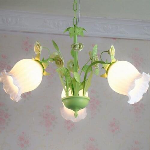 American European Style Restaurant Iron Pink Rose Ceramic Flowers Korean Childrens Room Pendant Light hanglamp
