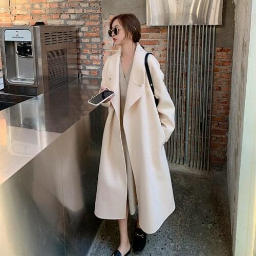 White Fumei Korean medium long suit collar double-sided Handmade Wool Coat White Straight cashmere coat lace up