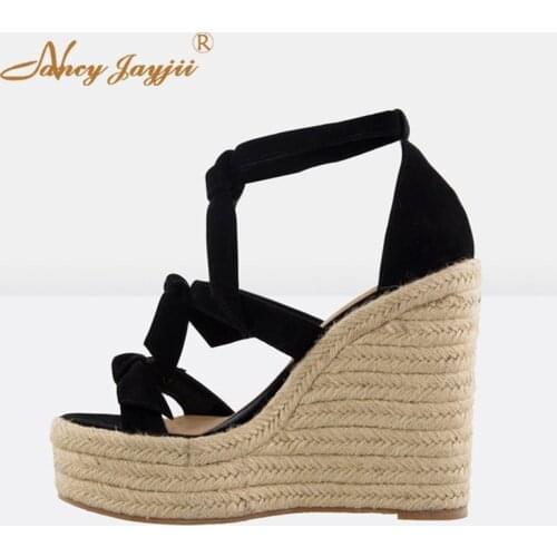 Black Butterfly-Knot Espadrille Platform Wedge Woman Sandals Ladies Summer Shoes High Heels Open Toe Large Size 11 Dress Party