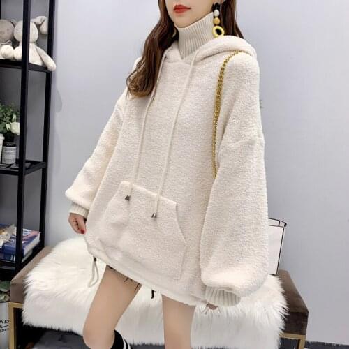 Spring Autumn New Fake Two Turtleneck Hooded Knitted Women Lantern Sleeved Loose Pocket Thicken Warm Ladies Sweaters Ropa Mujer