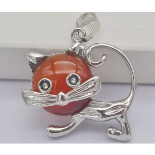 Red Carnelian Stone GEM Pendant Lovely Cat Animal Jewelry S3238