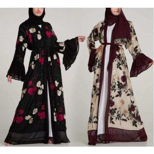 Elegant Muslim Embroidery Floral Abaya Long Dresses Flare Sleeve Cardigan Kimono Long Robe Tunic Middle East Ramadan Arab
