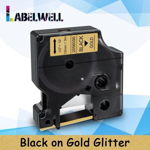 Labelwell 12mm 2056090 label For Dymo D1 2056090 Black on Gold Glitter Label tape compatible for Dymo LabelManager 160 280 260D