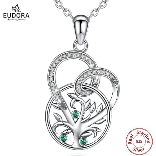 EUDORA 925 Sterling Silver Tree of Life Pendant with Green CZ Crystal Round & Heart Design Goddess Necklace Women Jewelry CYD620