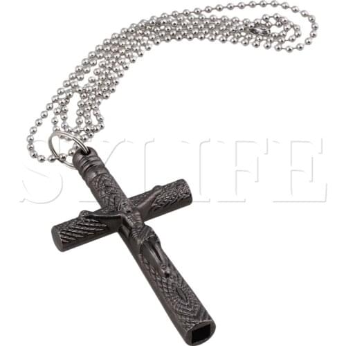 Chrome Plated Steel Cross Crucifix Jesus Drum Key Chain Necklace Black