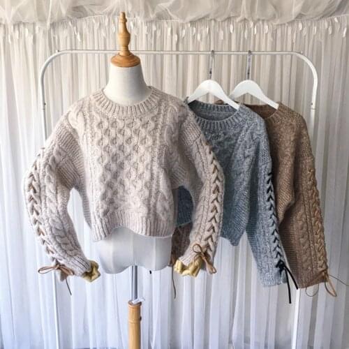 IHOBBY Women Lace Up Twist Kint Sweater Korean Fashion Thicken Long Sleeve Round Collar Retro Knitwear Female Top Clothing