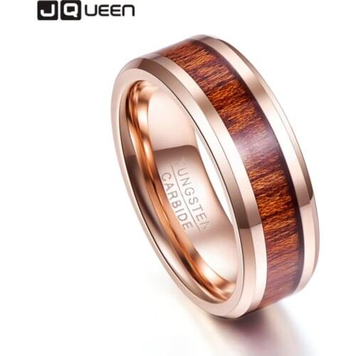 8mm Tungsten Carbide Ring Hawaiian Koa Wood Inlay Tungsten Ring Beveled Edge Wedding Band Mens Ring Comfort Fit Size 7-12