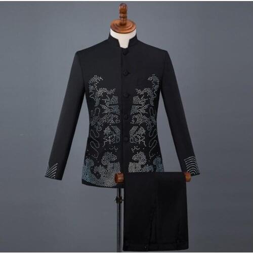 Singer star style dance stage men groom suit pants mens Chinese tunic suit Three-dimensional bilateral diamond clothing black