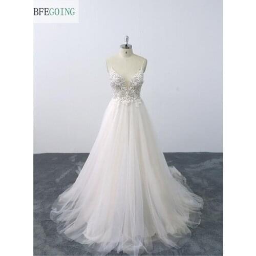 Ivory Lace Tulle Beading Spaghetti Straps V-Neck Floor-Length A-Line Wedding Gown Bridal Dress Chapel Train Custom Made