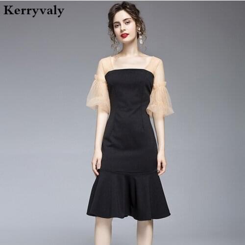Summer Mesh Horn Sleeve Stitching Tube Fishtail Dress Zomerjurk Dames 2021 Office Lady Style Black Vintage Dress Sukienki K6937