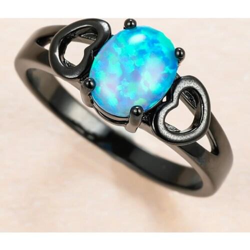 Cute Female Blue Opal Stone Ring Charm 14KT Black Gold Heart Wedding Rings For Women Luxury Bride Oval Engagement Ring