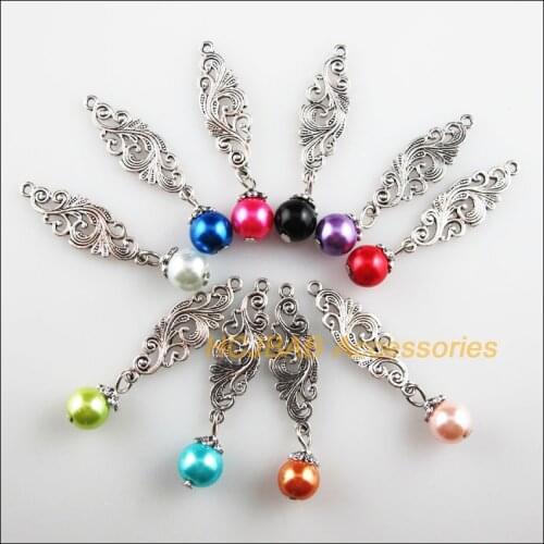 Fashion 10Pcs New Phoenix Flower Charms Mixed Glass Beads Pendants Tibetan Silver 9.5x42mm