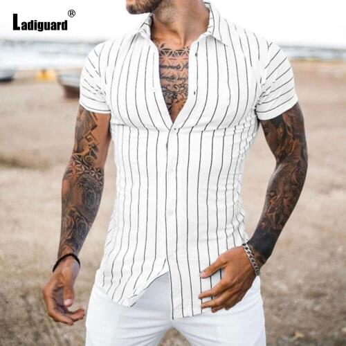 2021 Single Breasted Mens Elegant Leisure Blouse Sexy Men Clothing Short Sleeve Casual Beach Shirt Fashion Striped blusas Homme