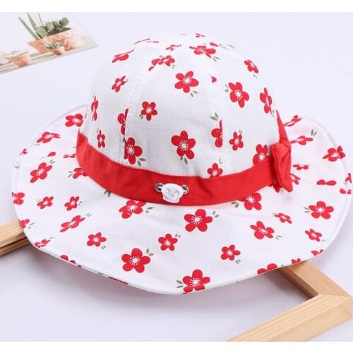 Summer Flower Print Baby Hat Sweet Bow Toddler Girls Bucket Hat Children Wide Brim Cotton Panama Fisherman Cap