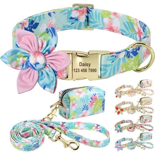 Personalized Dog Collar Leash Poop Bag Set Printed Nylon Custom Dog Collars Free Engraved With Floral For Small Medium Dogs