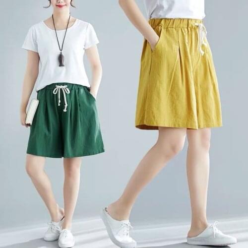 Casual Cotton Linen White Shorts Plus Size 100% Cotton Summer New Fashion Women Elastic Waist Loose Shorts All-Matched