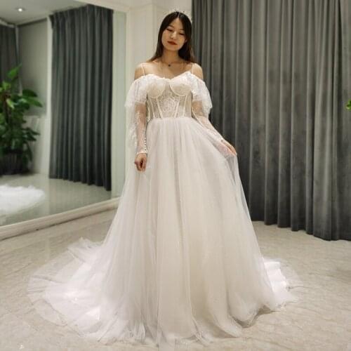 AmL 8330 wedding dress online shop celebrity boho tulle beach open shoulders long sleeve Summer Elegant ceremony long party
