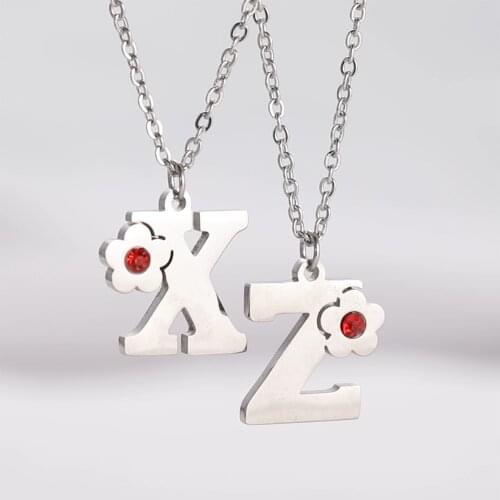 Unift Stainless Steel Necklace A-Z Letter Chain Pendant Choker Exquisite Flower And Red Zircon Jewelry Elegant Women Gifts