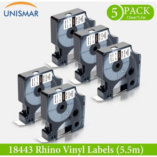 Unismar 5PK Compatible 18443 DYMO Rhino IND Vinyl Label 18443 Industrial Tape 9mm 3/8" For DYMO Rhino 4200 5200 6000 6500 Print