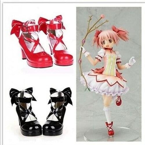 US4-12 Sweet Womens Madoka Kaname Cosplay High Heels Lolita Bowknot Round Toe Cross Straps Pumps Shoes 12 Candy Colors Plus Size