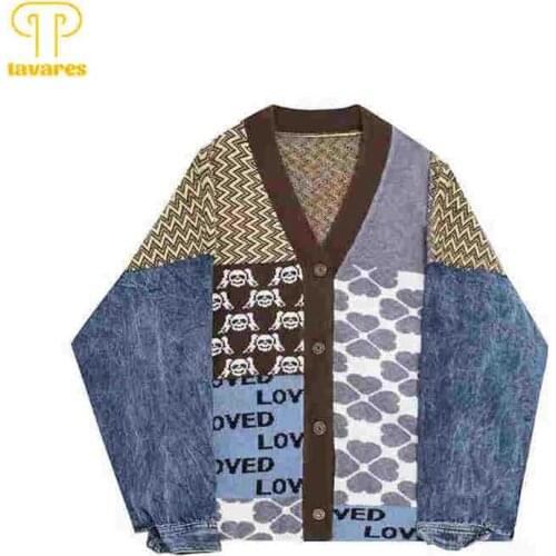 TAVARES Vintage Knitted Cardigan Sweater Women Patchwork Denim Coat V Neck Long Sleeve Knitwear Casual Loose Outwear Female Tops