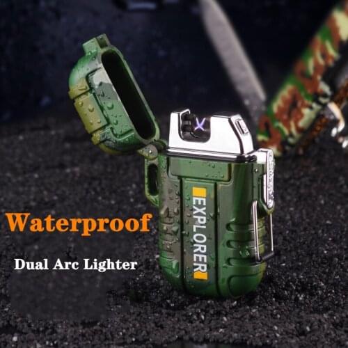 USB Rechargeable Dual Arc Waterproof Windproof Flameless Lighter Outdoor Portable Creative Personality With Safety Buckle