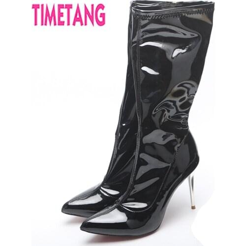 TIMETANG Fashion Winter Boots Sexy Patent Pointed Toe High Thin Heel Mid-Calf Woman Boots Plus Size 34-44 Knee-High Women Shoes
