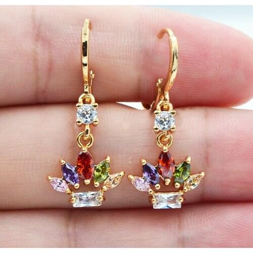 Gold Color Women Fashion Multicolor Zirconia CZ Flower Dangle Earrings Jewelry