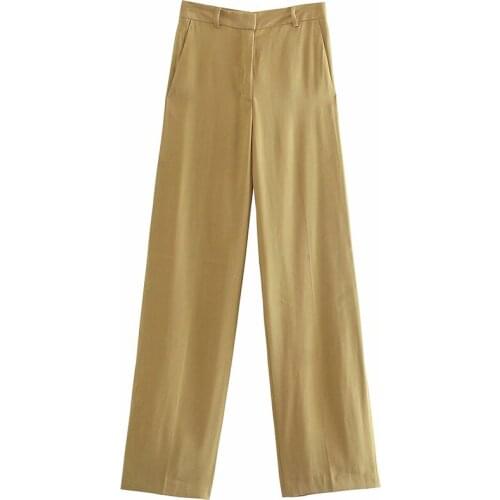 Aonibeier 2021 Za Woman Casual Traf Trousers Autumn High Waist Straight Leg Loose Long Pants OL Style Side Pockets Khaki Pants